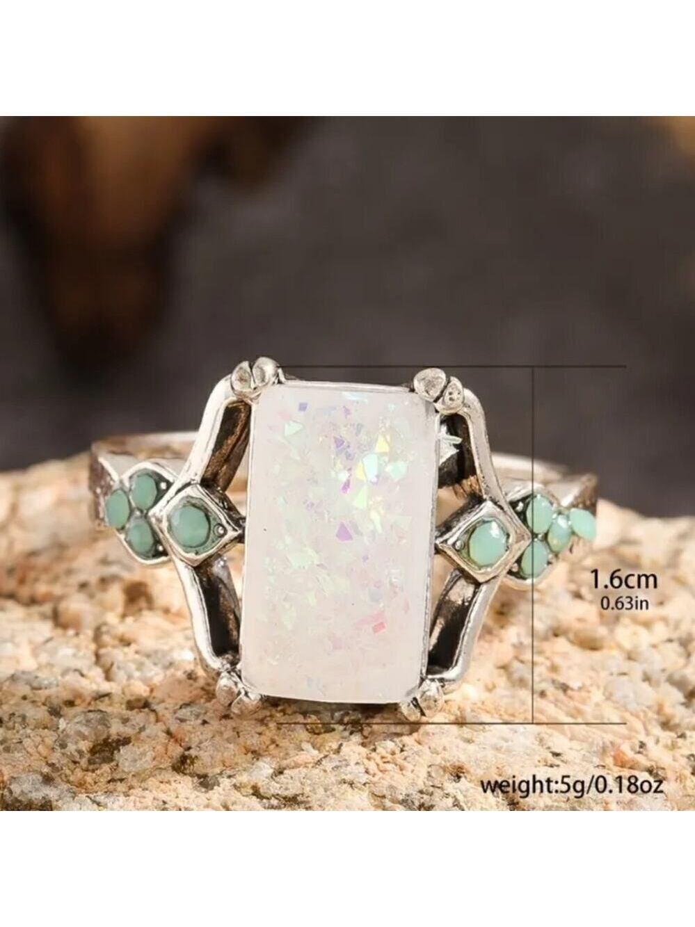 Rectangle White Opal Antique Silver Rings